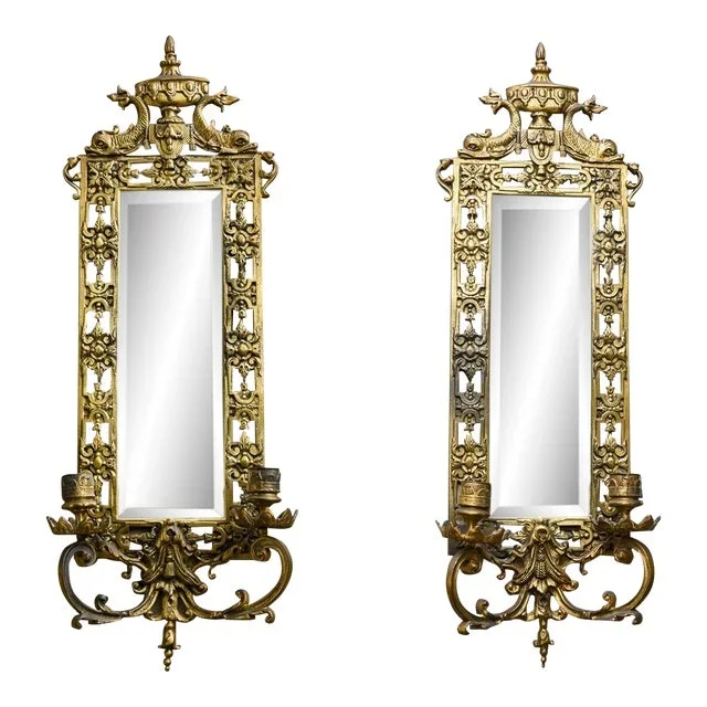 19th Century Renaissance Revival Style Brass Dolphin Mirrored Wall Sconces—A Pair