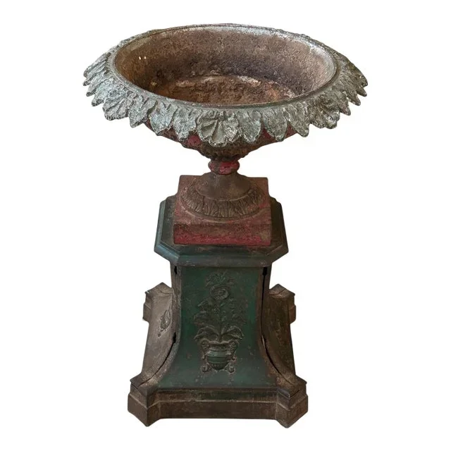 19th Century Victorian Cast Iron Urn With Plinth Base