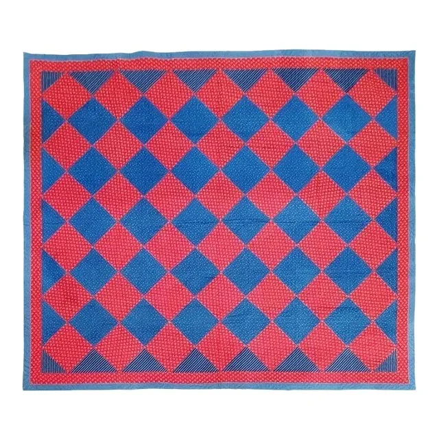 19Thc Red & Blue Calico Blocks Quilt