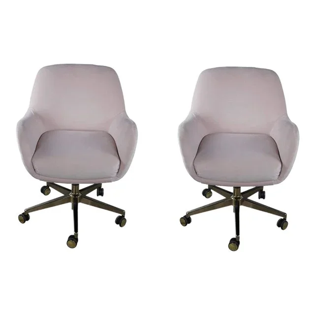 2 Lillian August Elyse Plush Pink Velvet Swivel Home Office Desk Arm Chairs