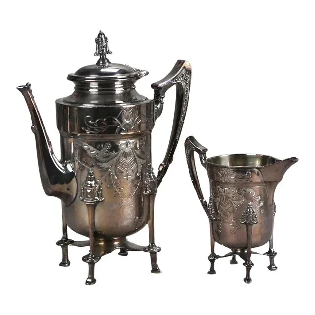 2 Piece Antique Silver Plated Tea Set with Foliate Engraving, Circa 1890