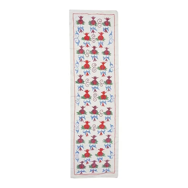 20×67 in Pomegranate Pattern Embroidered Wall Hanging. Cotton Table Runner