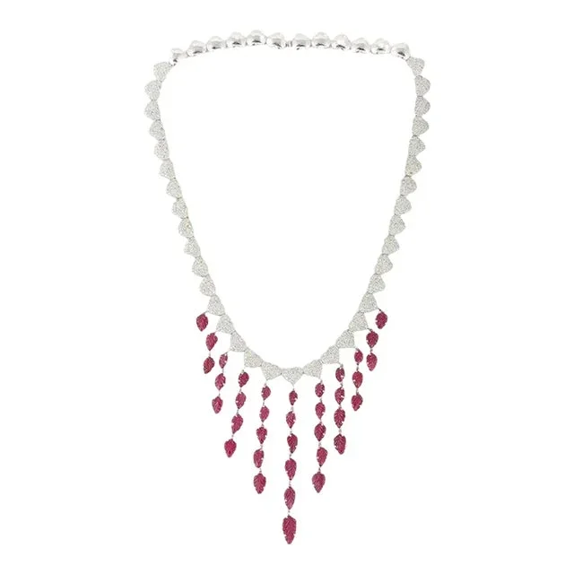 20.5 Carat Carved Leaf Ruby and Diamond Drop Choker Necklace for Womens