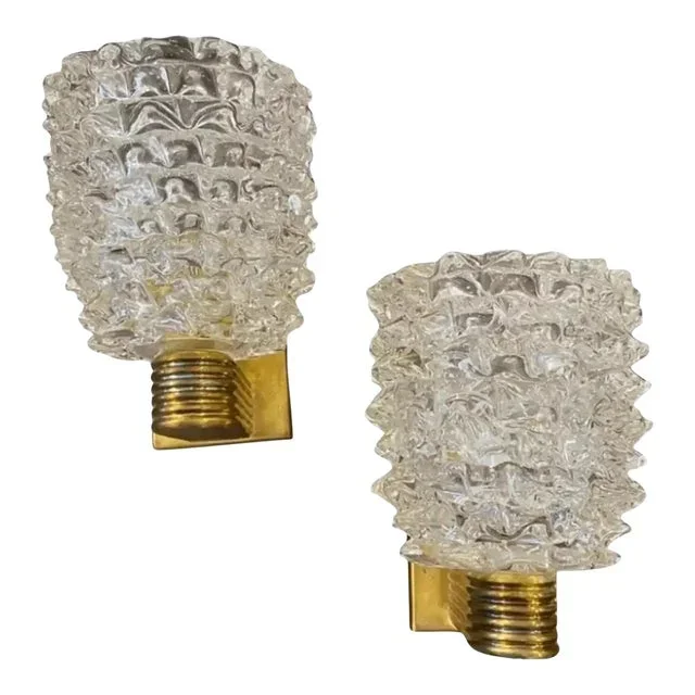 2000s Barovier Style Art Deco Brass and Rostrato Murano Glass Wall Sconces