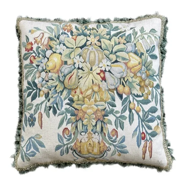 2000s Fine Wool and Silk Blend Aubusson Weave Blue Gold Fruit Tree Design Pillow
