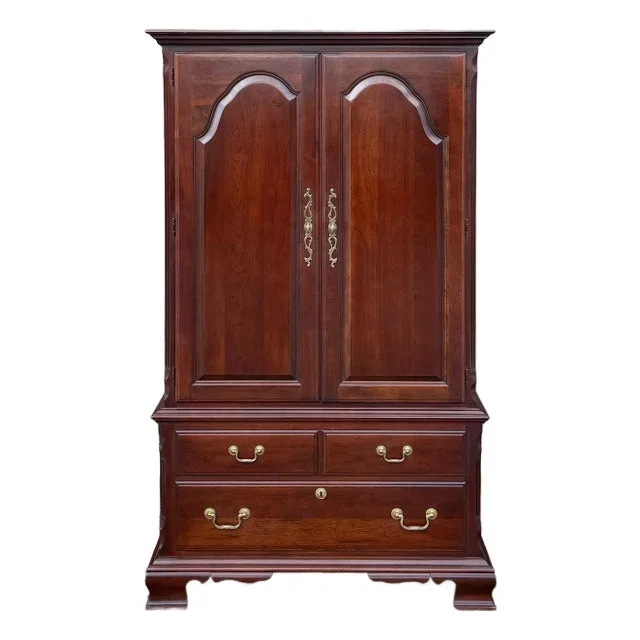 2000s Pennsylvania House Hallmark Cherry Collection Chippendale Solid Cherry 3 Drawer Bedroom Armoire