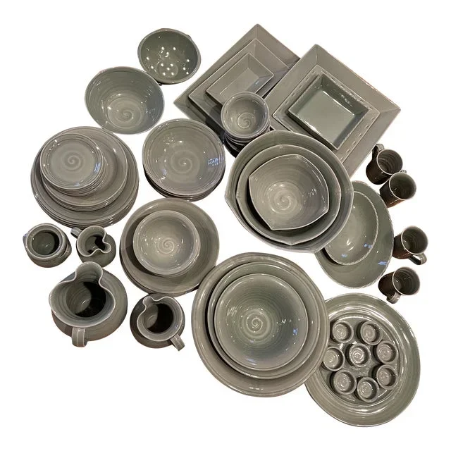 2000s Simon Pearce Belmont Celadon Dinnerware Collection – Service for 6- 76 Pieces