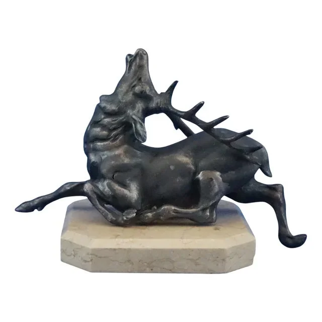 20th Century Art Deco Silver-Plated White Metal Deer Sculpture with Marble Base by Pierre Hugonnet, France