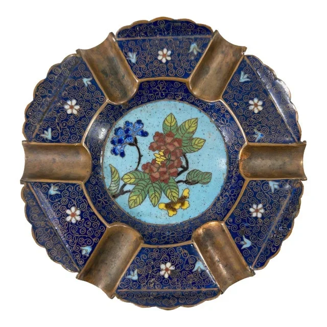 20th Century Chinese Cloisonne Enamel Ashtray With Flowers