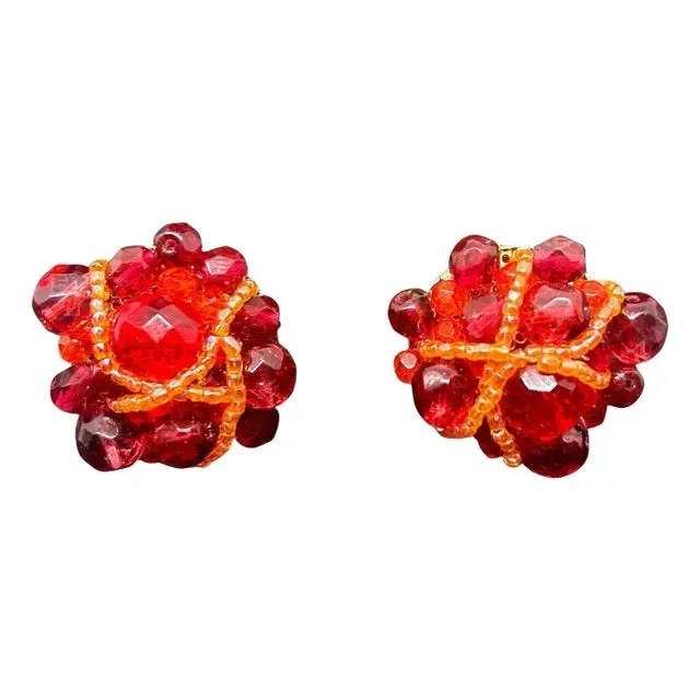 21st Century Coppola E Toppo Red and Orange Beaded Clip-On Earrings