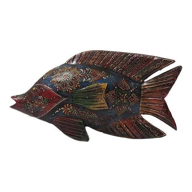 21st Century Hand Painted Wooden Long Eclectic Fish Figurine