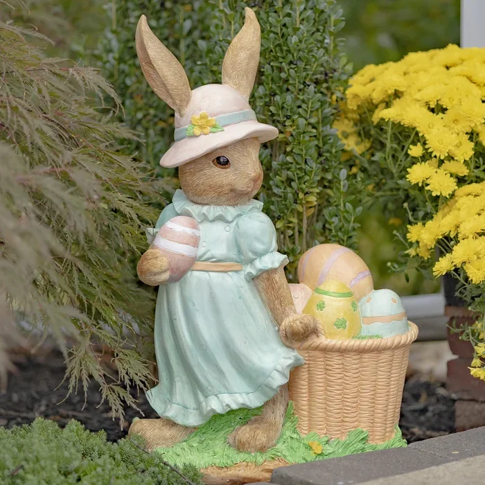 24″ Tall Rabbit Garden Statue with Easter Basket & Sun Hat “Anna Mae”