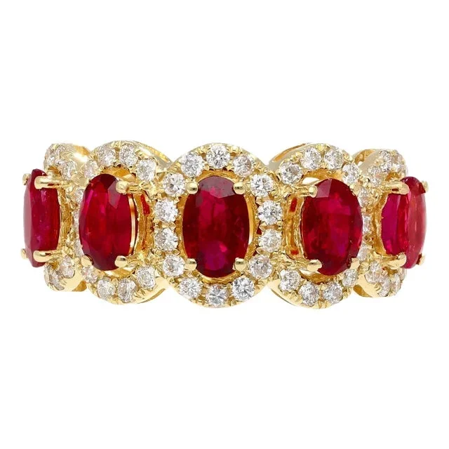 3.43 Carat Oval Cut Ruby and Diamond Halo Wedding Band Ring in 18K Gold
