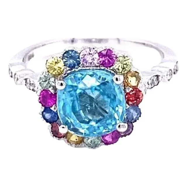 3.89 Ct Blue Zircon, Multicolor Sapphire, Diamond 14 Karat White Gold Ring, Size 7
