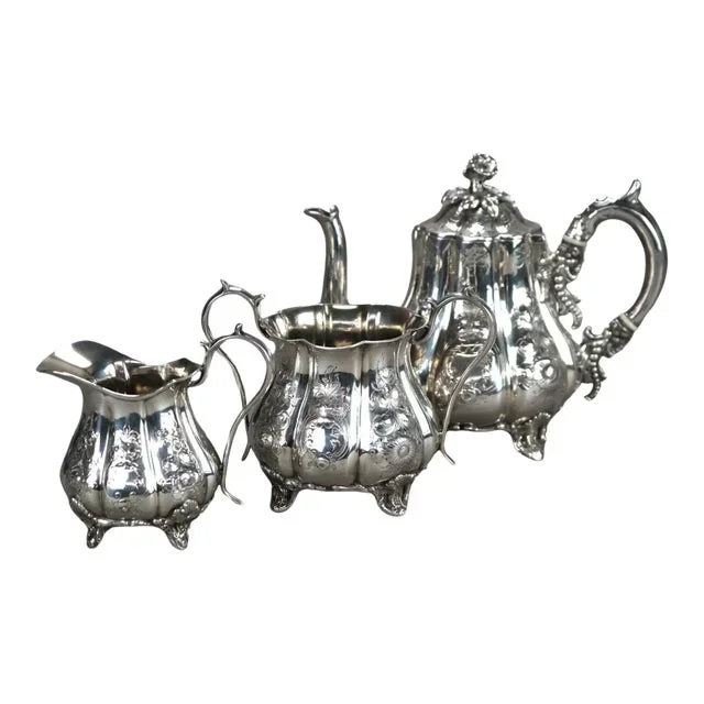 3 Piece Antique Silver Plated Tea Set in Melon Form, Circa 1890