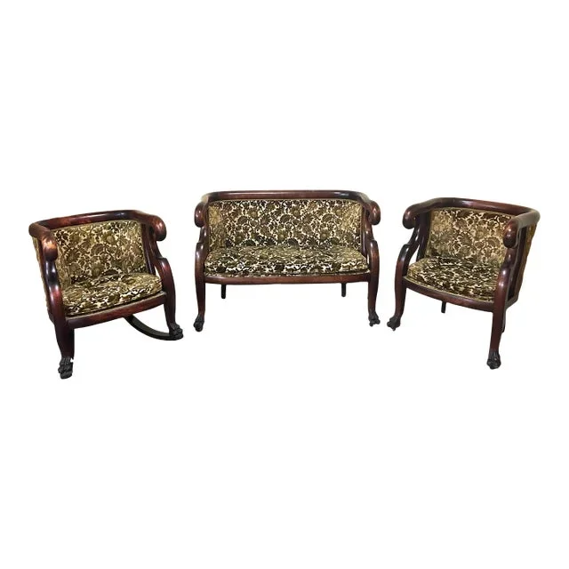 3 Piece Black Walnut Empire Revival Seating Furniture Set, American, Circa 1900, Comprising: Settee, Rocking Chair and Armchair