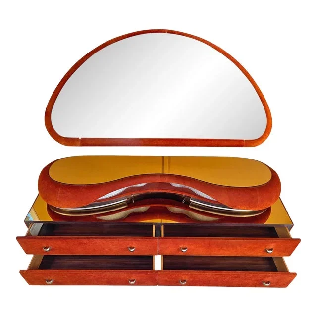 3-Piece Italian Modern Mirrored Top Lighted Suede Dresser & Mirror by Verardo