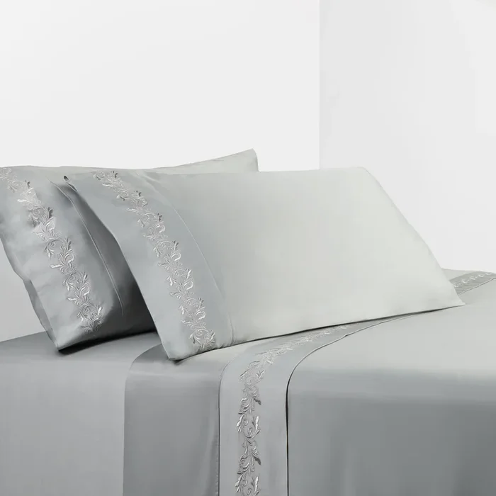 350 TC Gray Sheet Set with Gray Scroll Embroidery, Queen