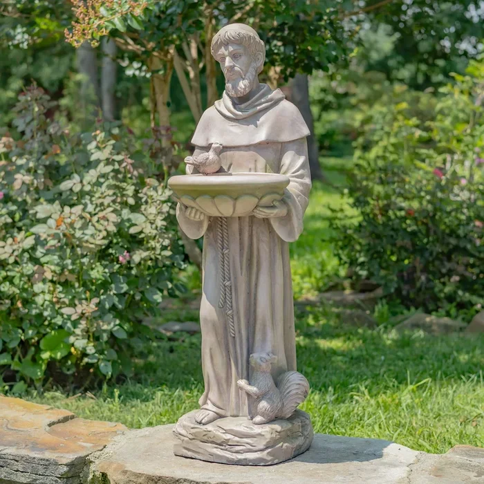 36″ Tall Saint Francis Statue & Birdbath in Antique Grey