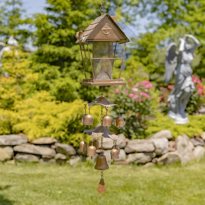 37.75″ Long Hanging Cottage Shaped Iron Birdfeeder with Toadstool & Bell Accents