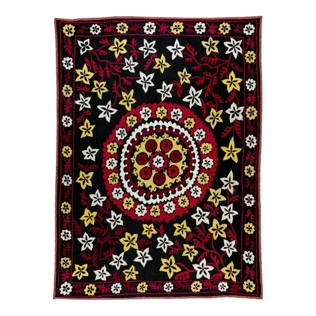5×6.4 Ft Silk Embroidery Bed Cover, Suzani Wall Hanging, Needlework Tablecloth