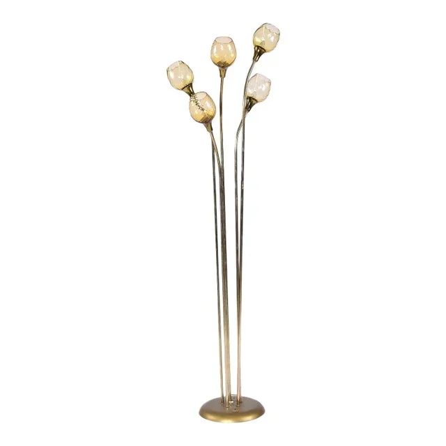 5-Head Gold Brass Mid-Century Modern Floor Lamp With Amber Glass Diffusers