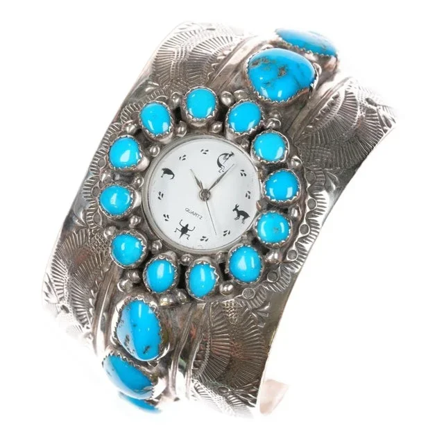 6 7/8″ Wilbert Benally Navajo Sterling and Turquoise Nugget Watch Cuff Bracelet