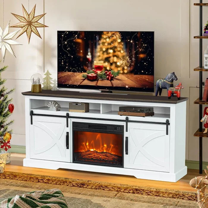 68″ Farmhouse TV Stand with 23″ Insert Opening Electric Fireplace