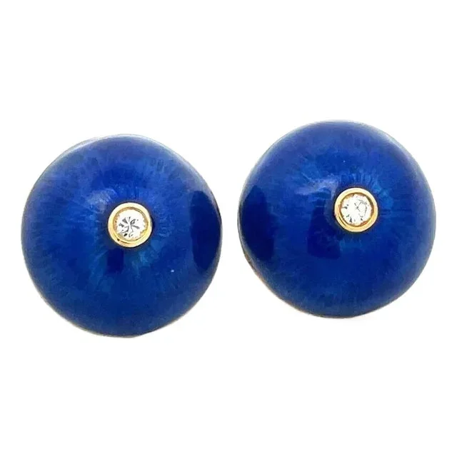 6870 Diamond Enamel Gold Cufflinks 18k Yellow Dome Shape Estate, 2 pieces