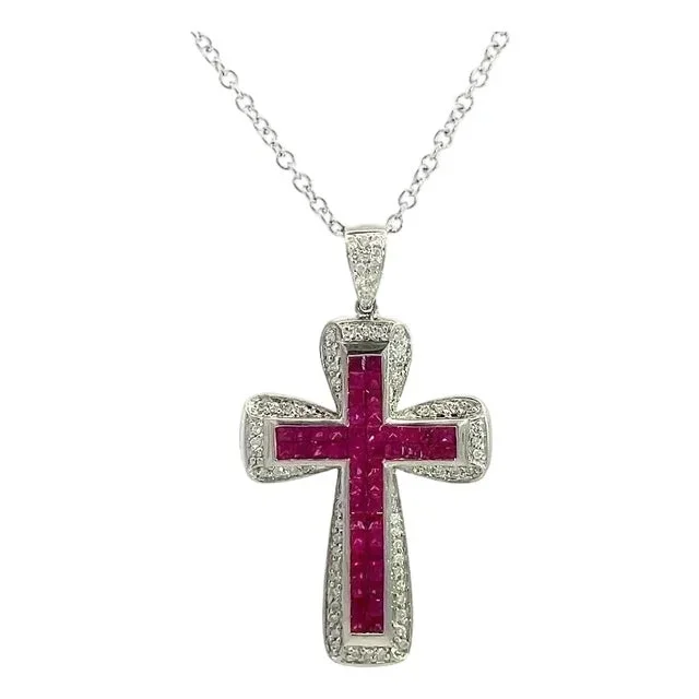 70056 Ruby Cross Pendant Diamond 1.70ct 14k White Gold Chain