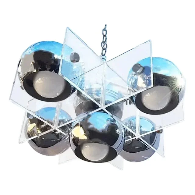 70s Chrome 5-Eyeball Lights Chandelier With Hashtag Lucite Frame Attributed to Riggiani