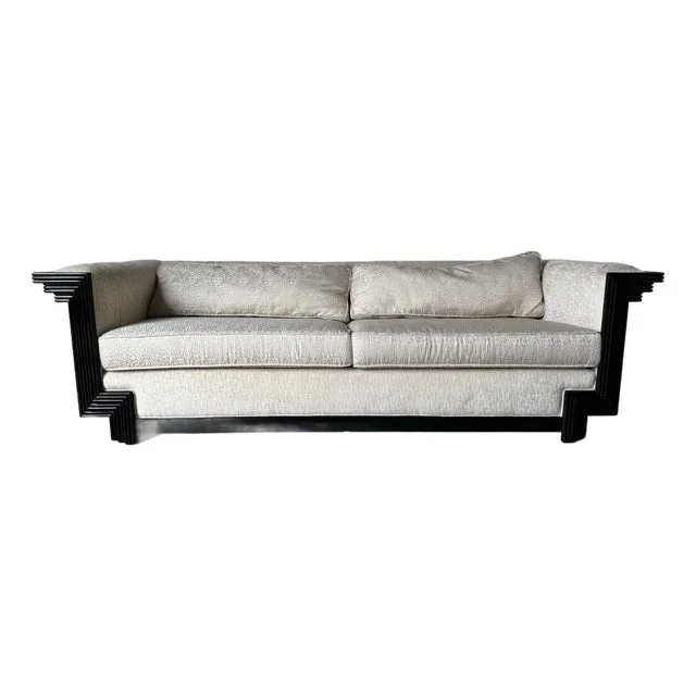 80’s Postmodern Art Deco-Style Black Lacquered Wood Frame Sofa