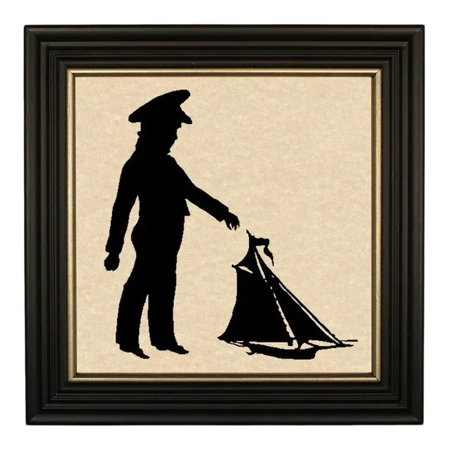 “Boy With Pond Boat” Contemporary Paper Cut Silhouette, Framed