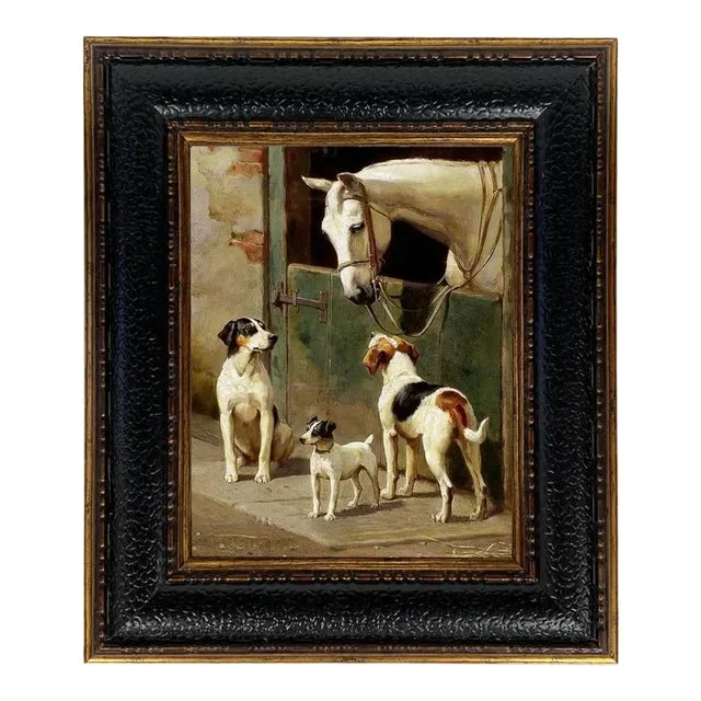 “Dog and Horse at Stable” Contemporary Reproduction Print on Canvas, Framed