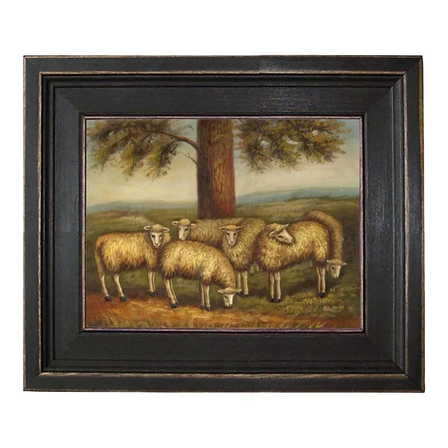 “Flock of Six Sheep in a Meadow” Framed Oil Painting Reproduction Print on Canvas