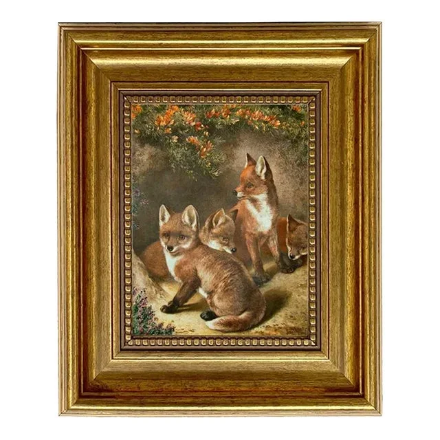 “Four Young Foxes” Contemporary Reproduction Print on Canvas, Framed