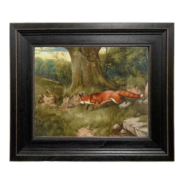 “Fox Hunting Rabbits” Contemporary Reproduction Print on Canvas After J.A. Wheeler, Framed