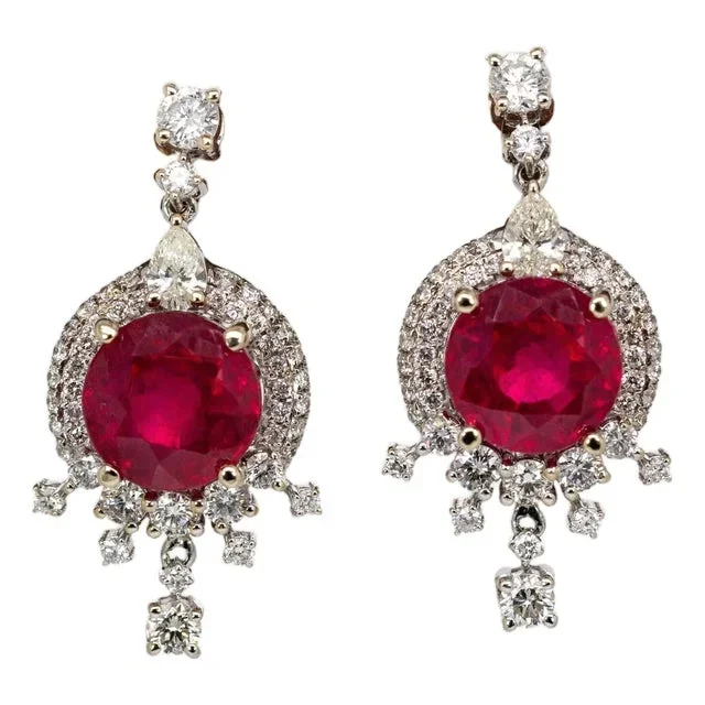 8mm, 5.6cts Madagascar Ruby & Natural Diamonds Dangle Earrings in Solid 14k Gold- 2 pieces