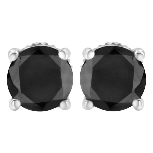 .925 Sterling Silver 1.00 Cttw Round Brilliant-Cut Black Diamond Classic 4-Prong Stud Earrings with Screw Backs – 2 Pieces
