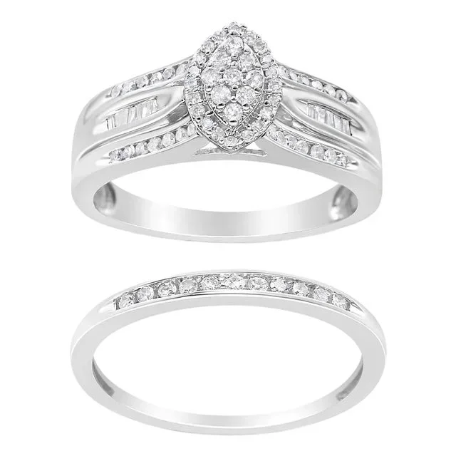 .925 Sterling Silver 1/2 Cttw Round and Baguette-Cut Diamond Engagement Bridal Set (I-J Color, I1-I2 Clarity) – Size 8 – 2 Pieces