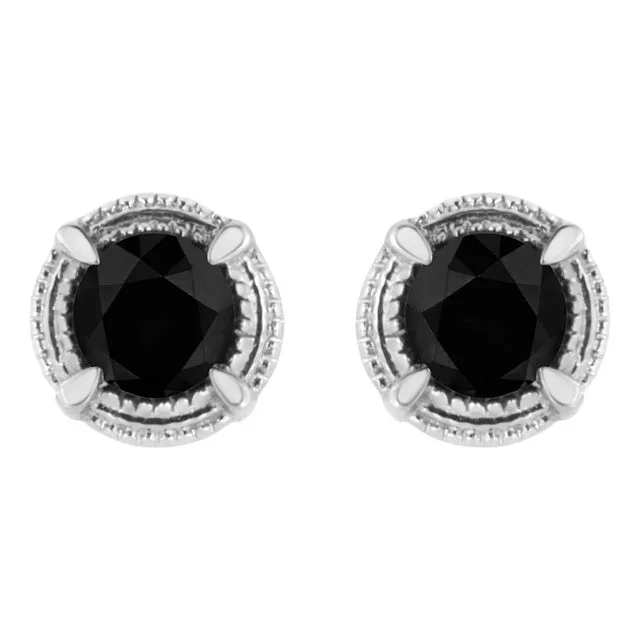 .925 Sterling Silver 1/2 cttw Treated Black Diamond Modern 4-Prong Solitaire Milgrain Stud Earrings (Black Color, I1-I2 Clarity) – 2 Pieces