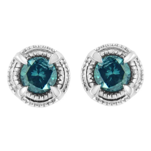 .925 Sterling Silver 1/2 cttw Treated Blue Diamond Modern 4-Prong Solitaire Milgrain Stud Earrings