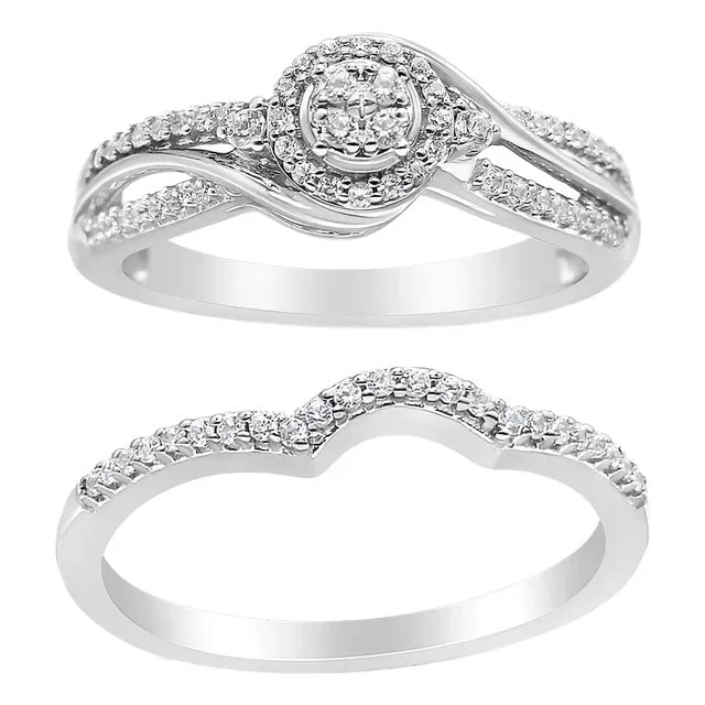 .925 Sterling Silver 1/3 Cttw Composite Diamond Frame Bypass Bridal Set Ring and Band (I-J Color, I2-I3 Clarity) – Ring Size 11