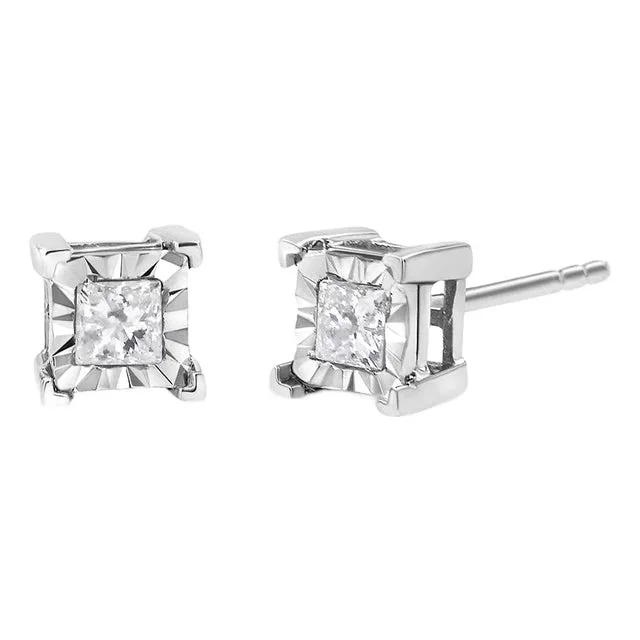 .925 Sterling Silver 1/4 Cttw Miracle Set Princess-cut Diamond Solitaire Stud Earrings (H-I Color, SI2-I1 Clarity) – 2 Pieces