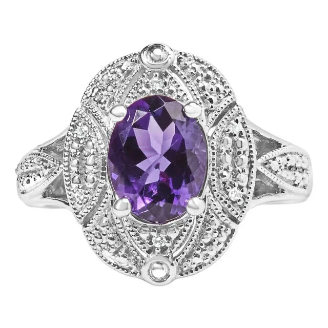 .925 Sterling Silver 9x7mm Oval Purple Amethyst and Diamond Accent Art Deco Style Cocktail Ring – Size 6