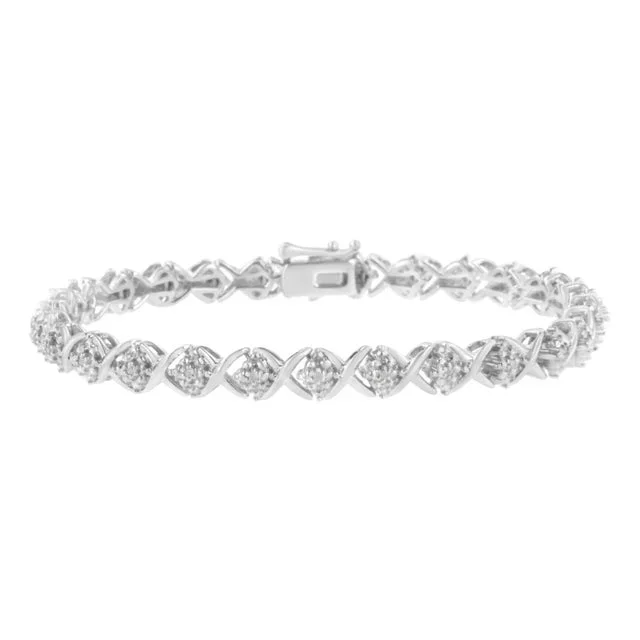 .925 Sterling Silver Round-Cut Diamond Accent Floral Cluster and “X” Link Bracelet (I-J Color, I3 Clarity) – 7.25″