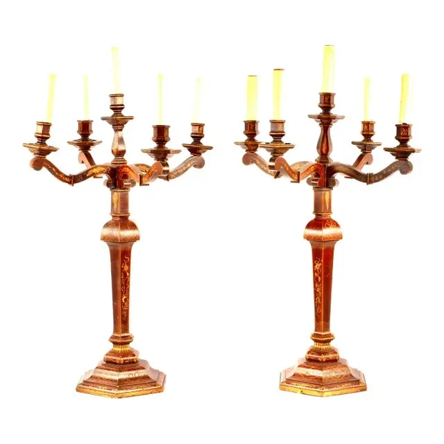 A Pair Red Gilt Chinoiserie Candelabra Table Lamps