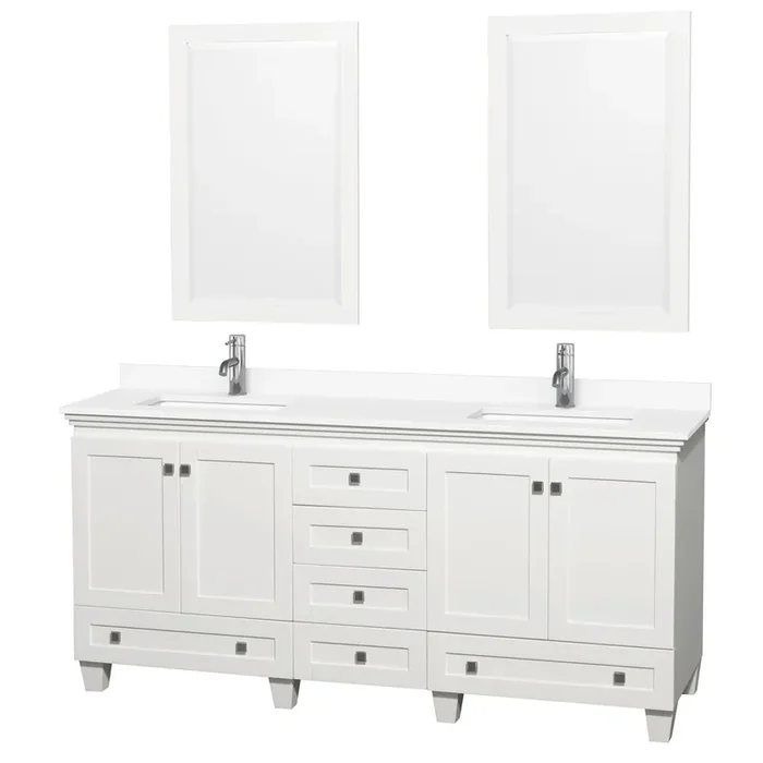 Acclaim 72 Inch Double Bathroom Vanity In White, White Cultured Marble Countertop, Undermount Square Sinks, 24 Inch Mirrors