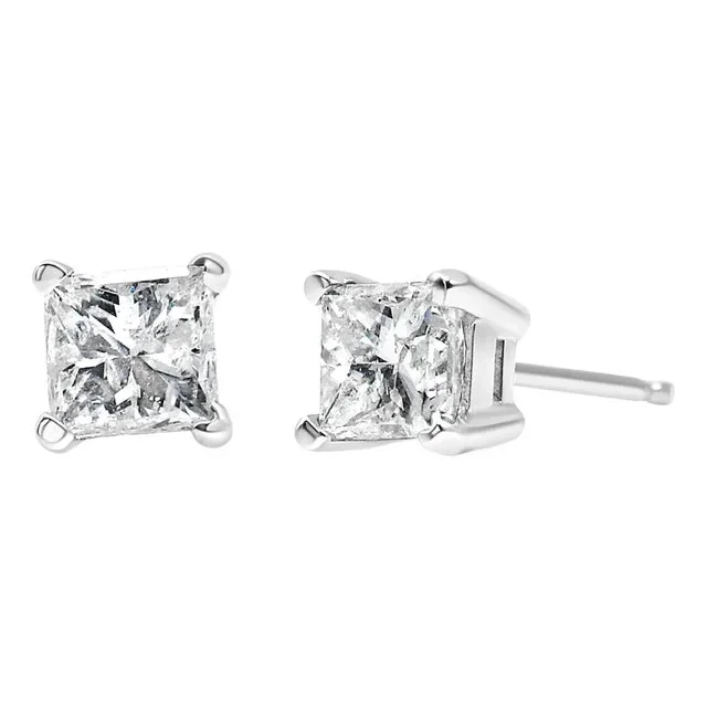 AGS Certified 14K White Gold 3/8 Cttw 4-Prong Set Princess-Cut Solitaire Diamond Push Back Stud Earrings