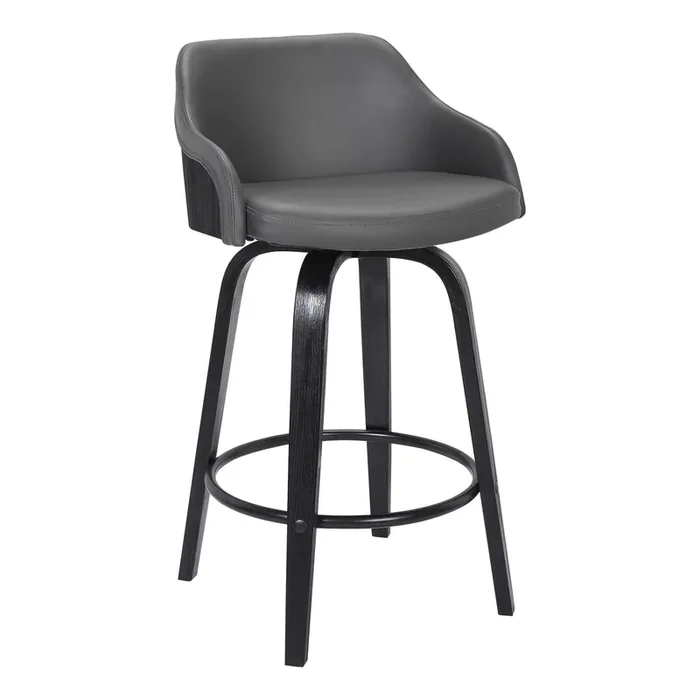Alec Contemporary 26″ Counter Height swivel Barstool In Black Brush Wood Finish And Grey Faux Leather